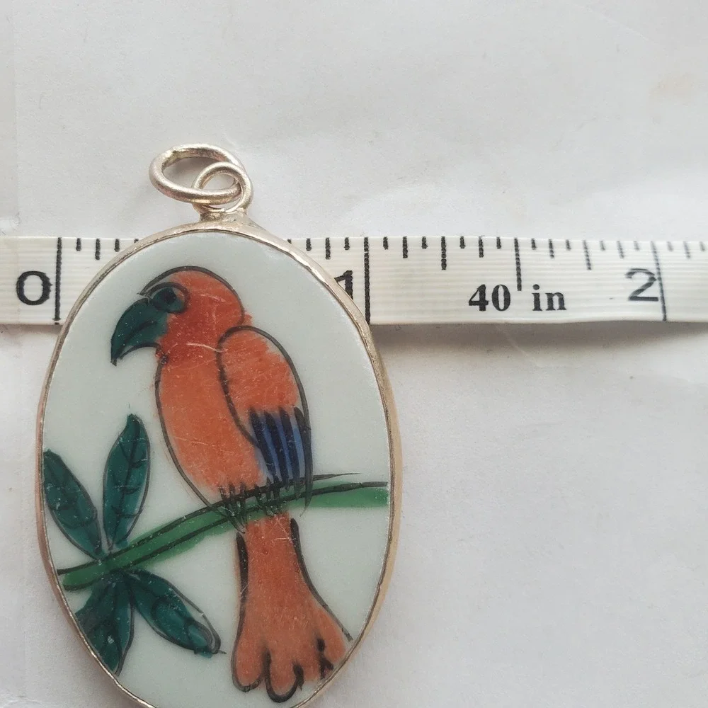 Vintage Hand Painted Ceramic Bird Pendant Oval Tropical Parrot Charm Silver Tone